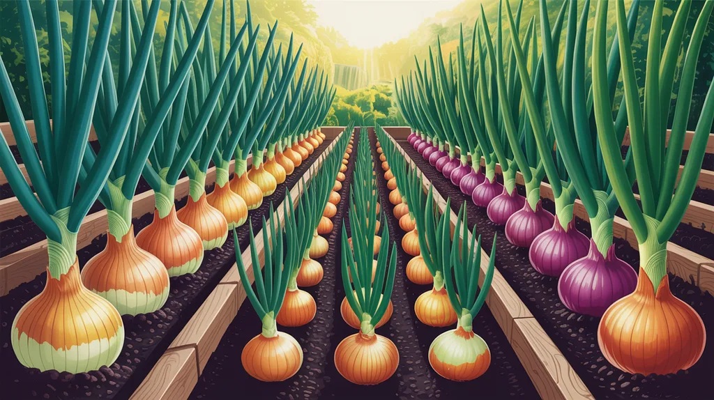 Different onion varieties growing in separate garden rows.