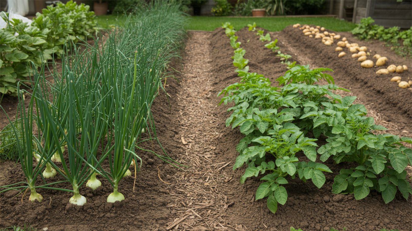 Well-organized vegetable bed containing both onions and potatoes.