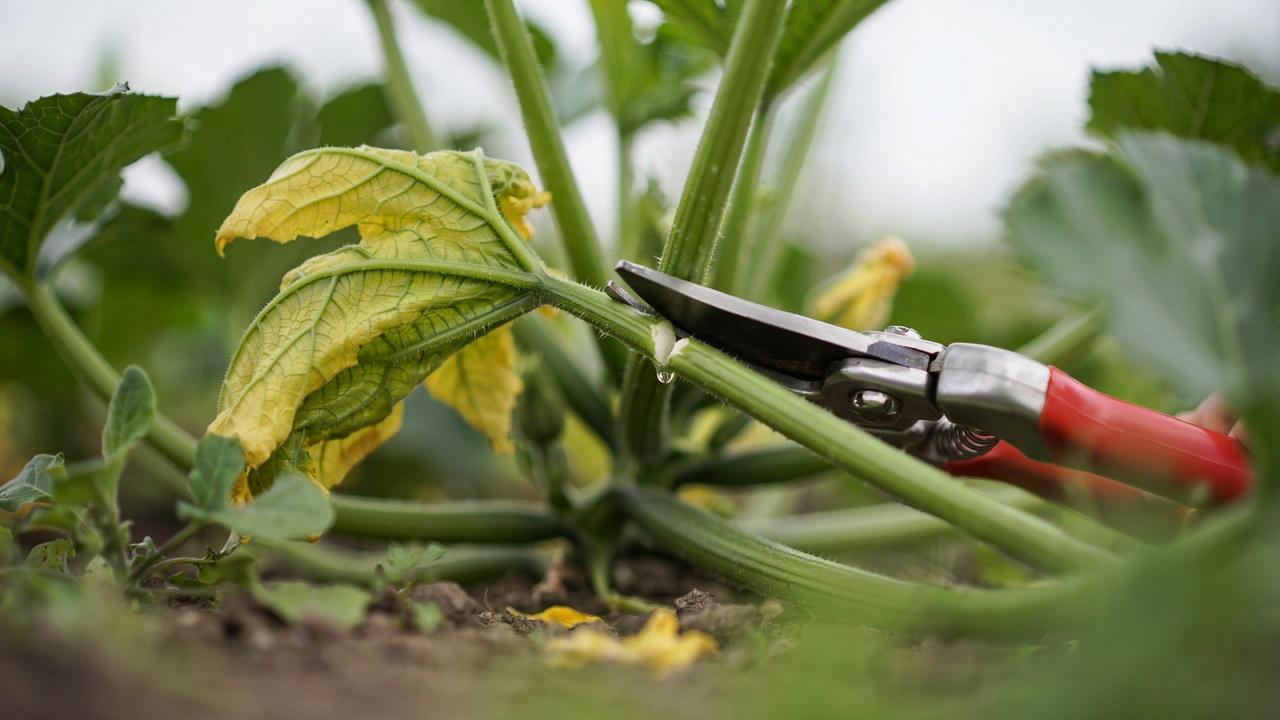 Removing a yellow damaged leaf from a zucchini plant.
