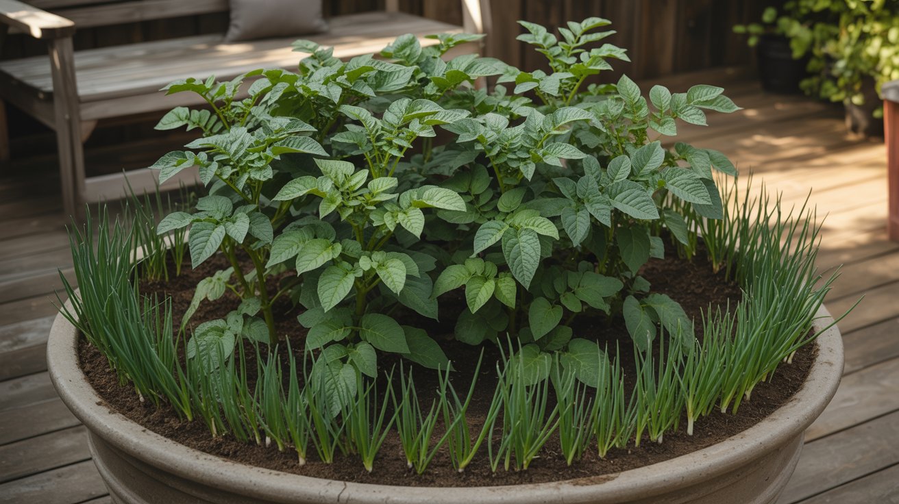 Onions and potatoes growing together in a large container.