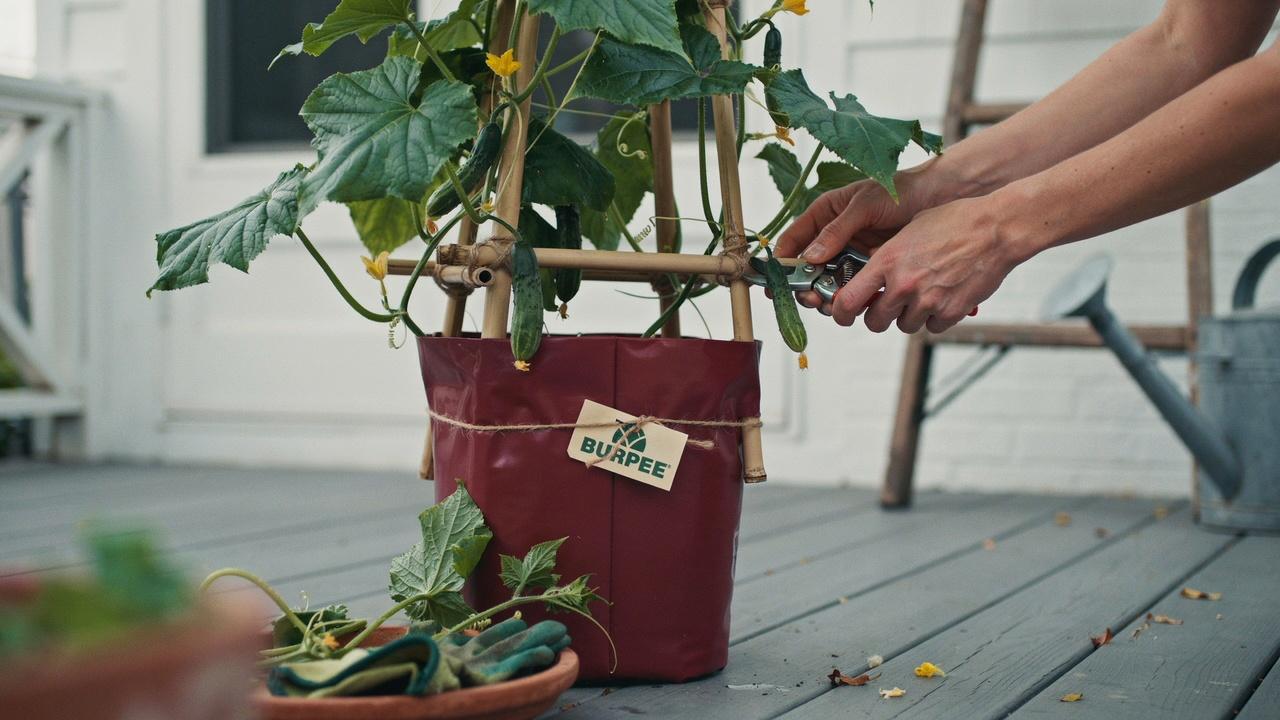 Pruning cucumber plants growing in containers.