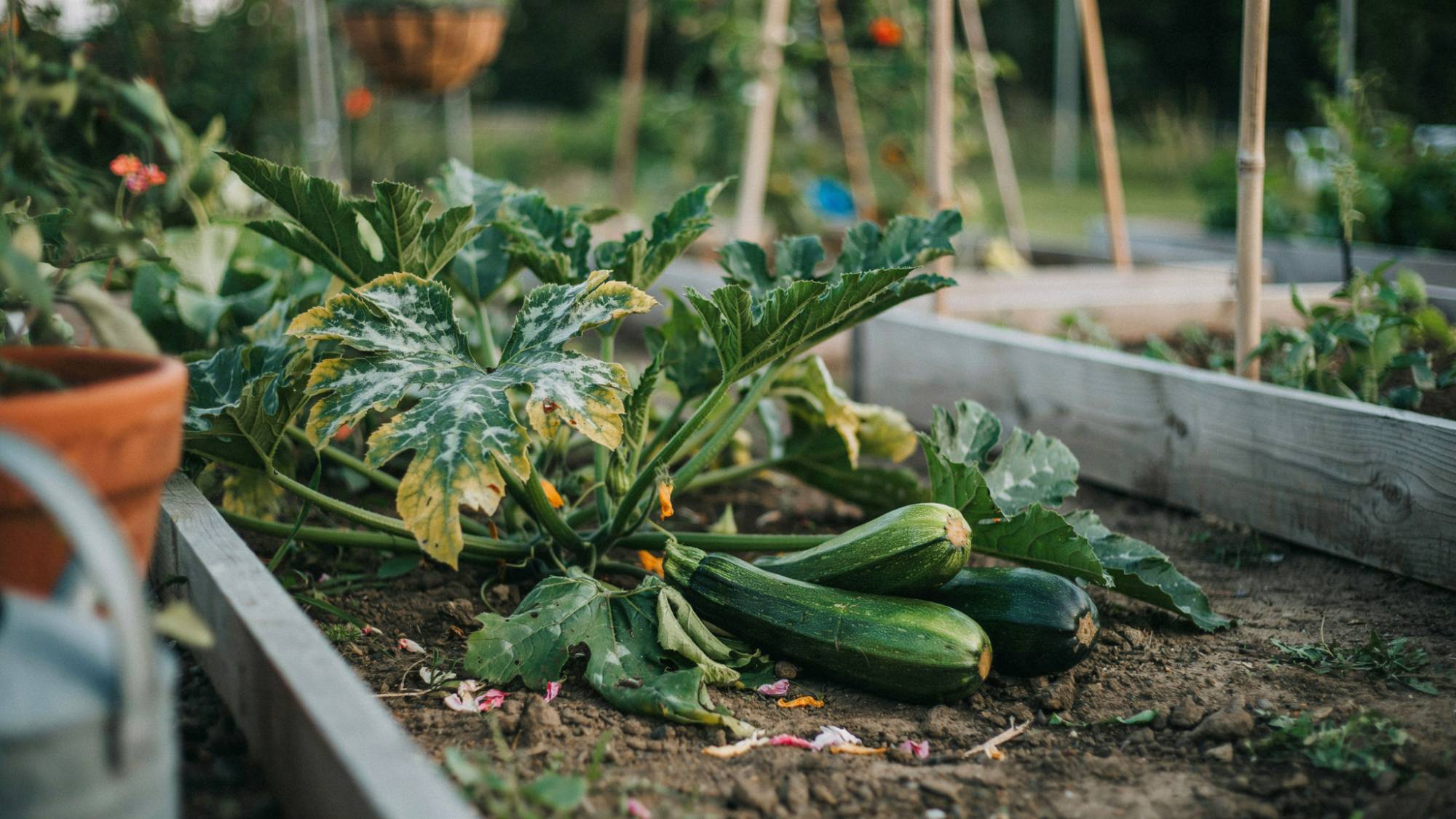 Fresh zucchini harvested from a plant with powdery mildew.