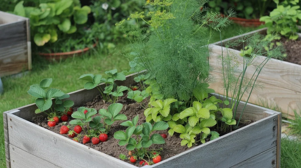 Dill growing in a raised bed garden near strawberries attracting ladybugs and lacewings that control aphids.