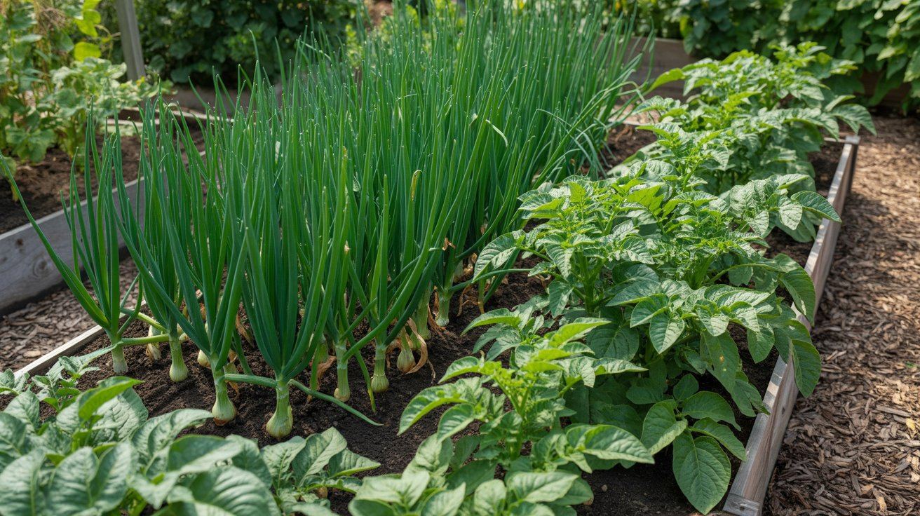 Healthy onions and potatoes growing side by side in a productive garden.