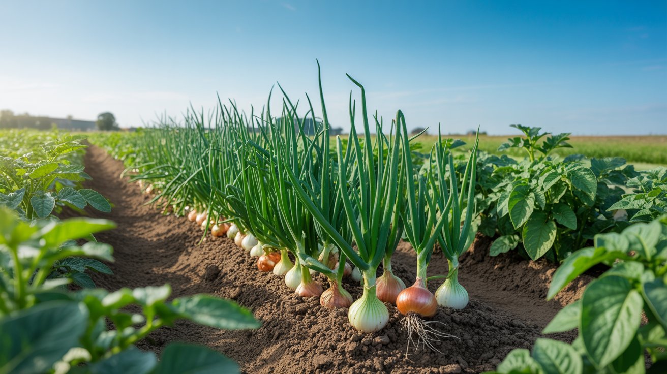 Onions and potatoes receiving full sun in a garden.