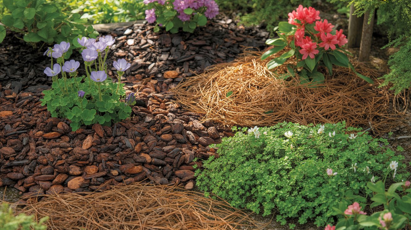 Specialty organic mulch materials including pine needles, cocoa shells, and living mulch plants.