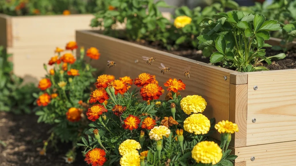 Marigolds growing around a strawberry raised bed border repelling pests and attracting pollinators.