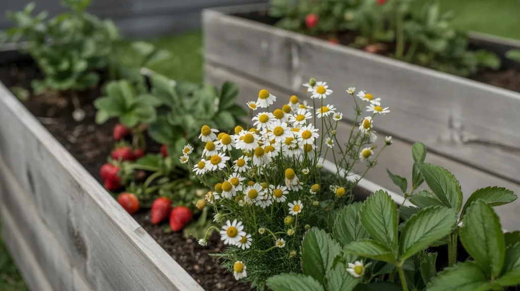 Chamomile growing near strawberries in a raised bed attracting pollinators and supporting plant health.