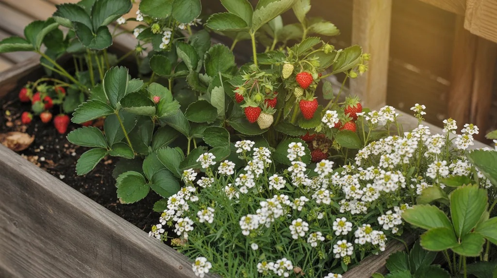 Sweet alyssum growing between strawberries in a raised bed acting as living mulch and attracting insects.