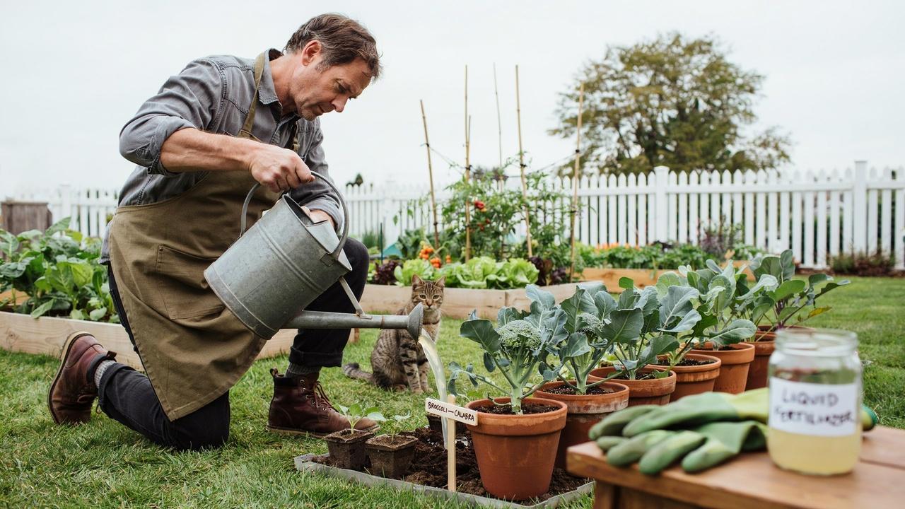 Applying liquid fertilizer to broccoli plants growing in containers.