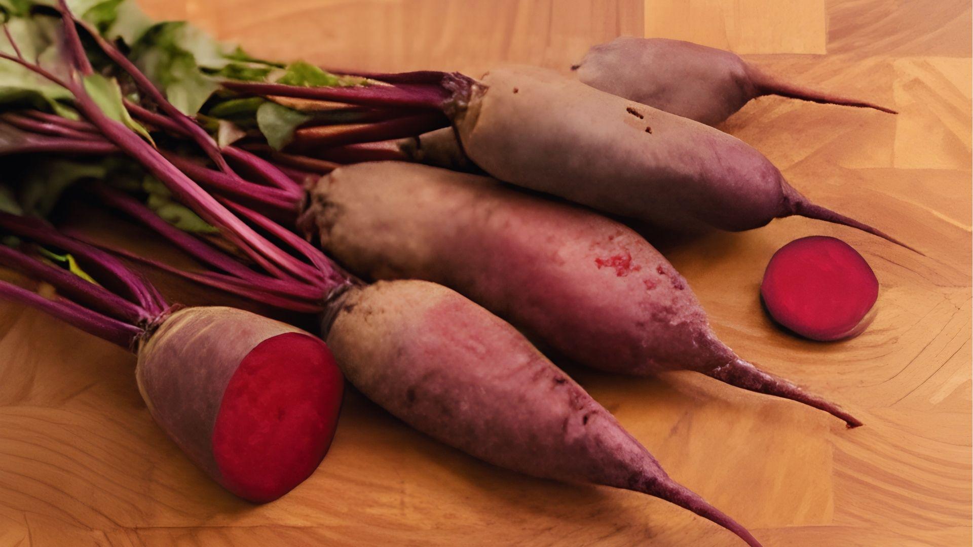 Elongated red beets with purple skin and sliced cross-section showing deep red flesh on wood board.