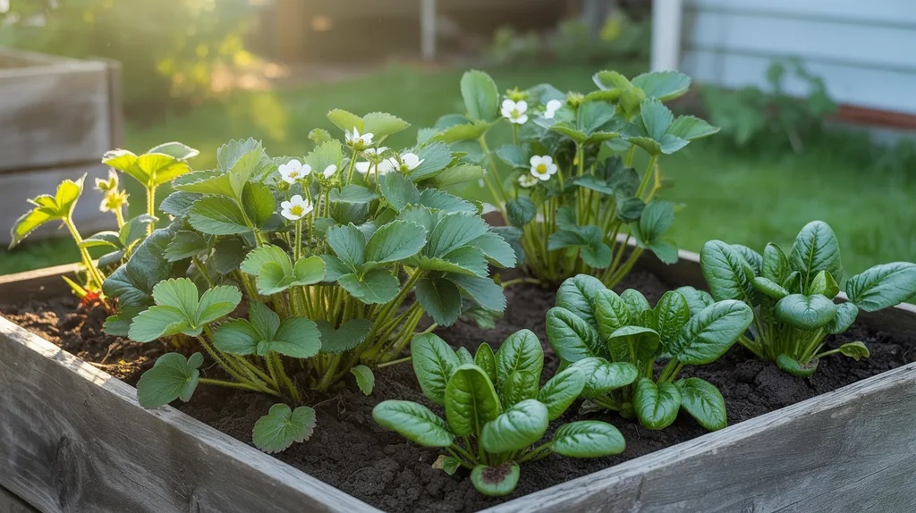 Spinach growing with strawberries in a raised bed thriving in cool seasons and sharing garden space efficiently.