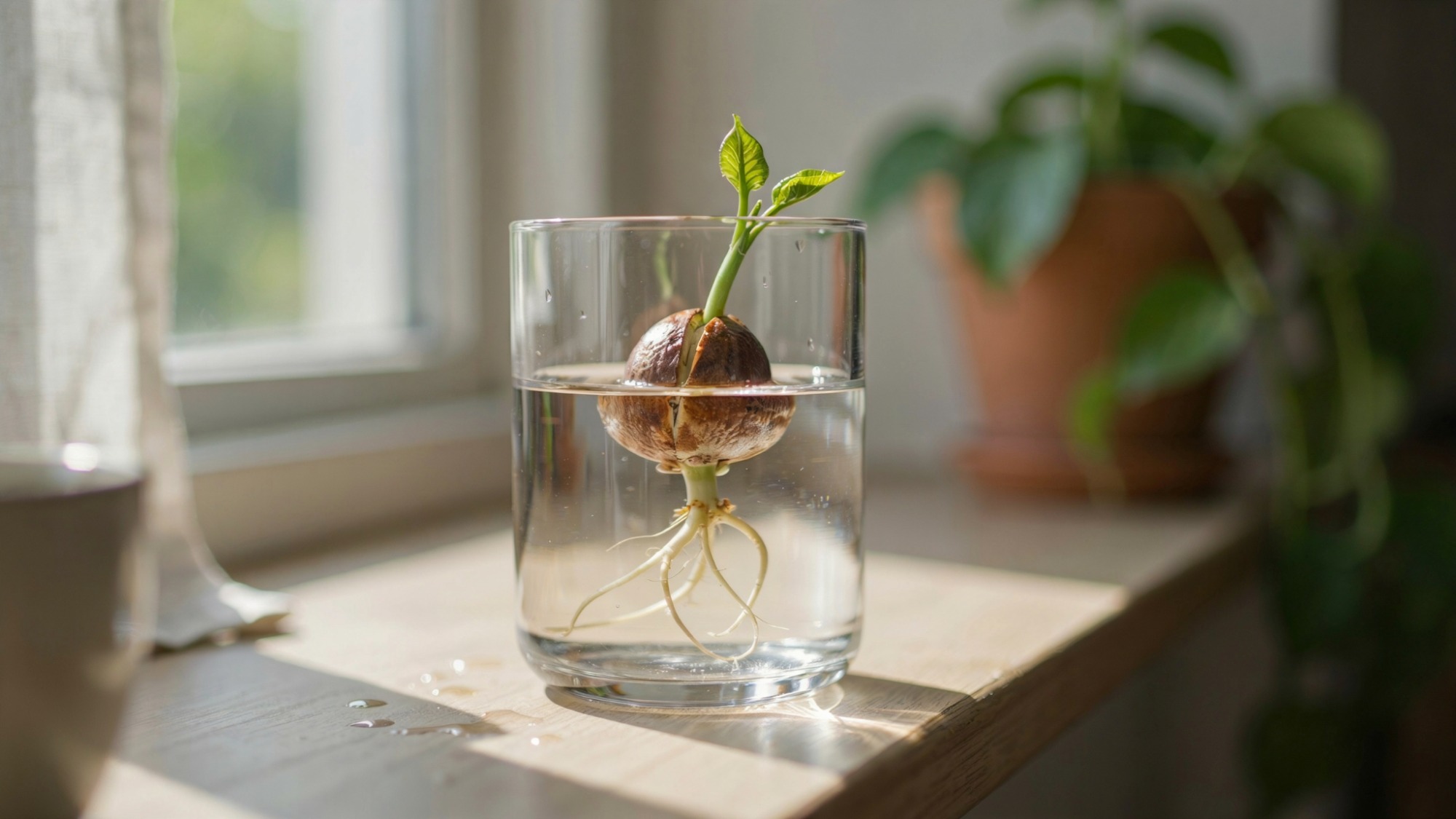 A naturally sprouting avocado seed with visible root and small green shoot placed in a glass jar near a bright window, showing early growth stage clearly.