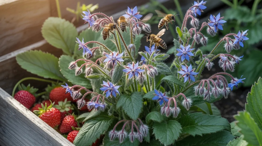 Borage growing near strawberries in a raised bed attracting bees and improving pollination.