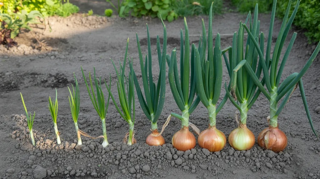Onions grow through different stages from spring planting to harvest maturity.