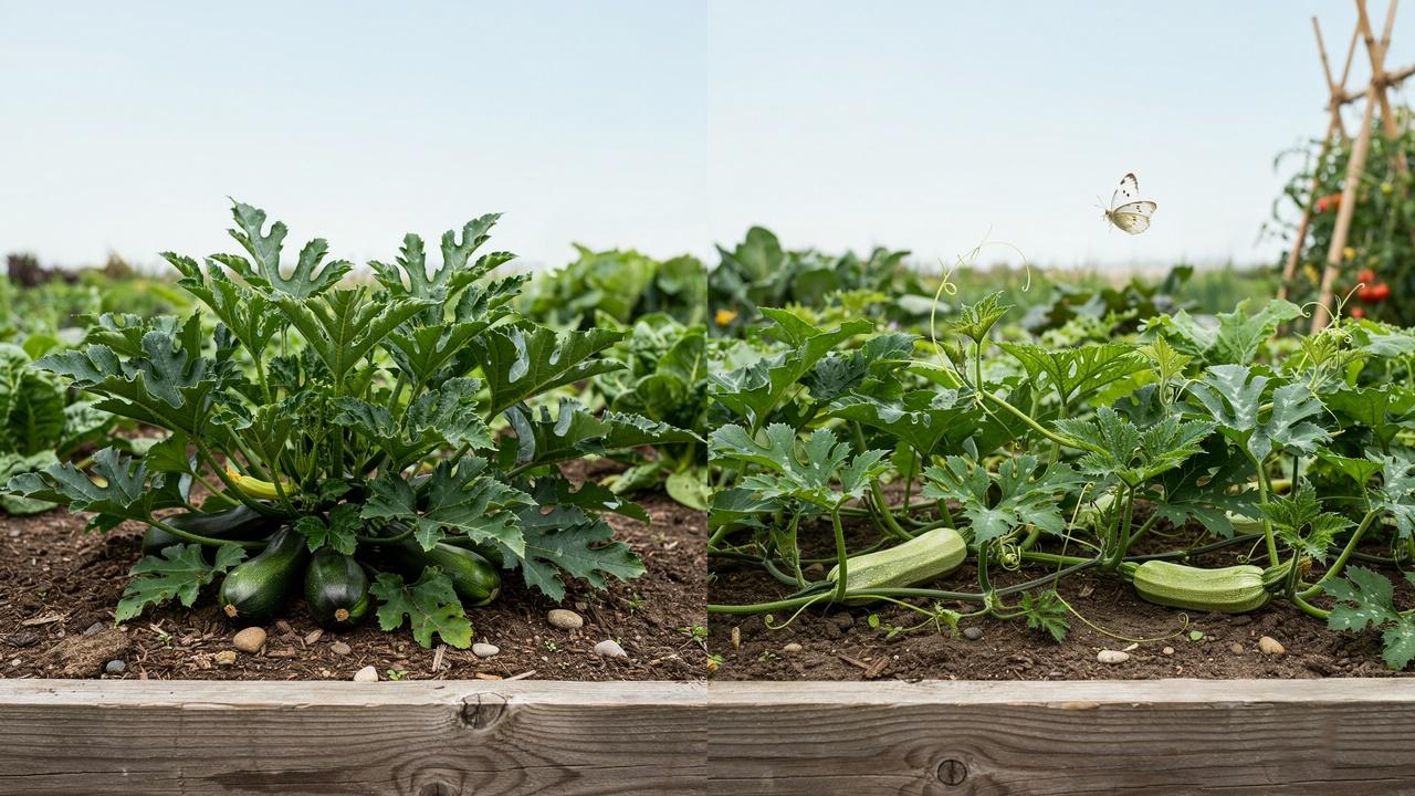 Bush zucchini and vining zucchini showing different growth habits.