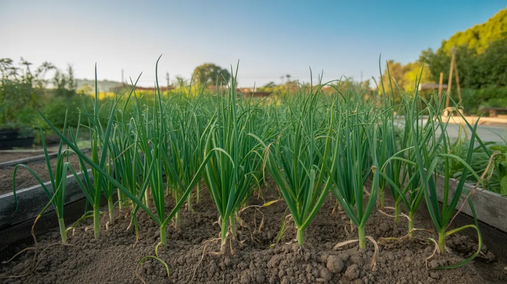 Healthy garlic plants growing in a sunny garden bed under clear skies.