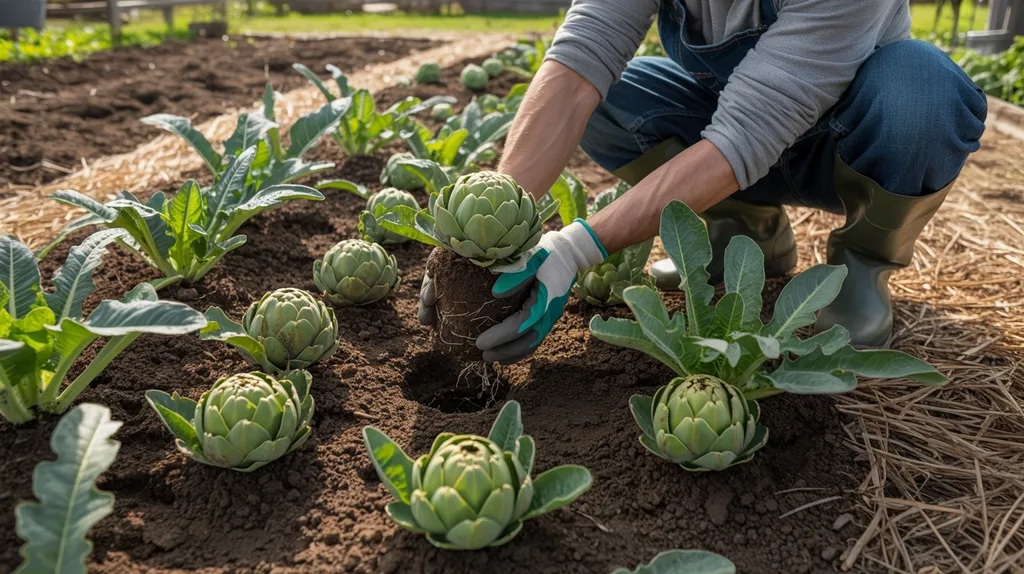 Artichoke seedlings being planted in a garden bed.