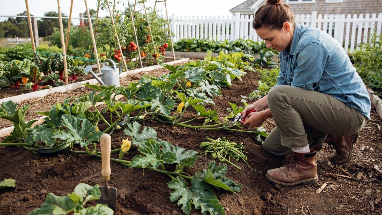 Pruning runners and side shoots on a vining zucchini plant.