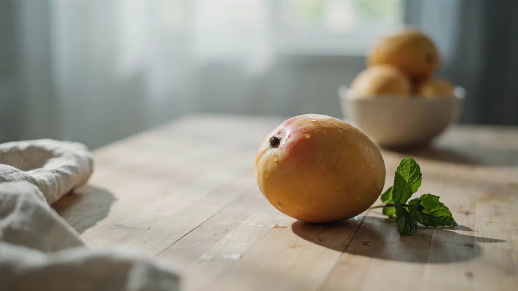 A ripe yellow mango placed on a kitchen table in natural light, clearly showing a fresh fruit suitable for seed germination at home.