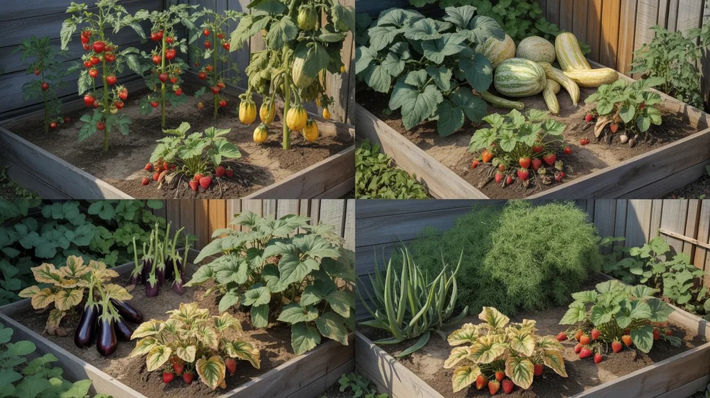 Plants to avoid growing with strawberries in a raised bed including tomatoes, potatoes, peppers due to disease risk and overcrowding.