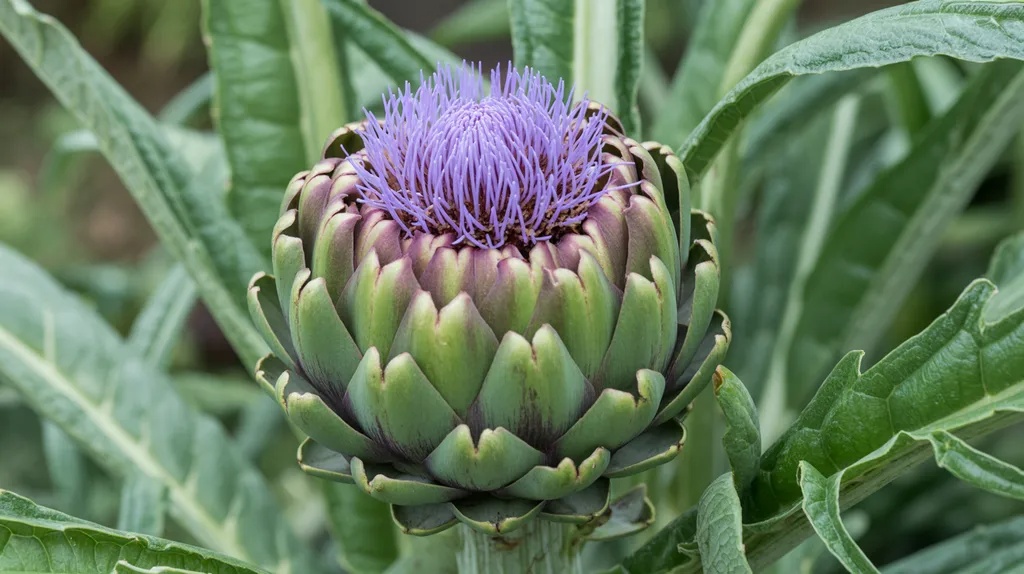 Fresh artichoke buds growing on a healthy plant.