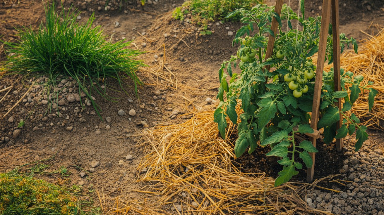 Straw mulch and grass clippings used around vegetable plants in a garden.