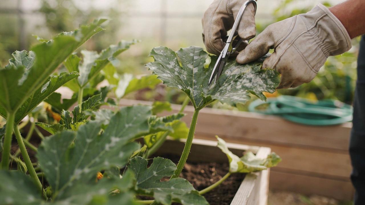 Pruning diseased zucchini leaves showing powdery mildew.