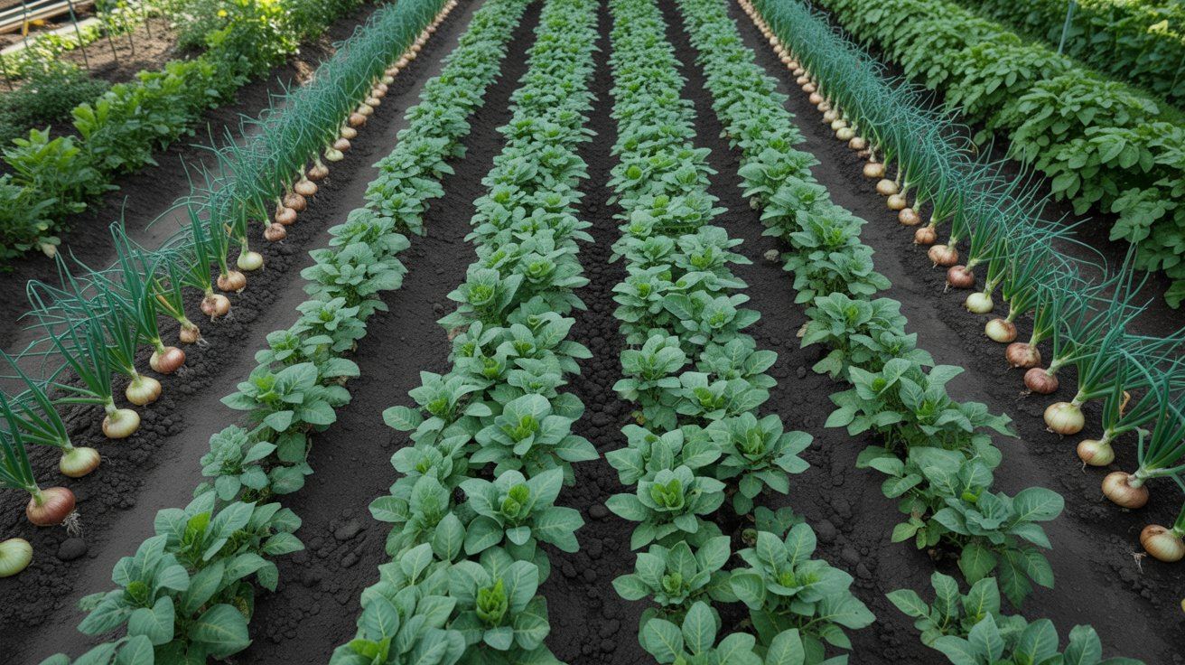 Alternating rows of onions and potatoes growing in a garden.