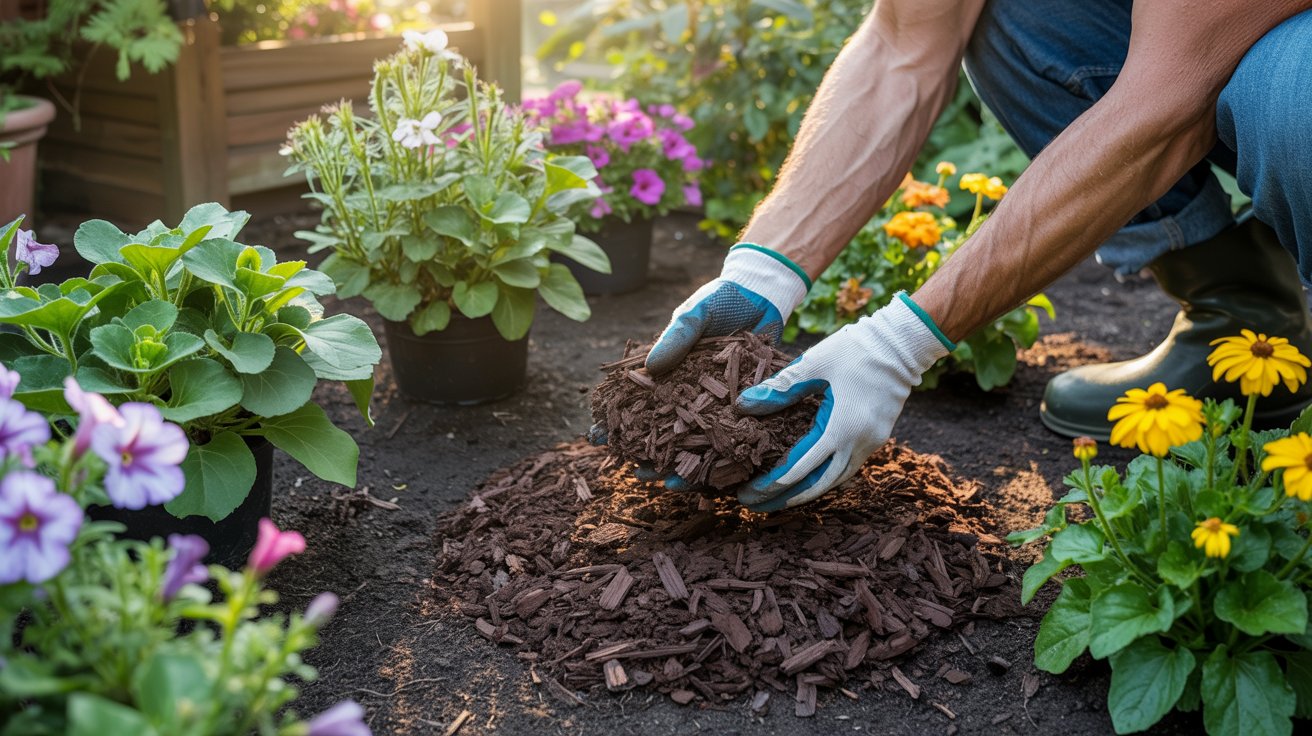 Organic mulch spread around plants in a garden bed to retain moisture and block weeds.