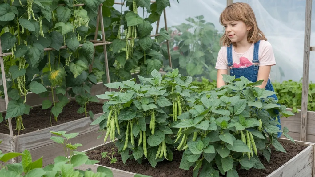 Bush beans growing in compact garden beds