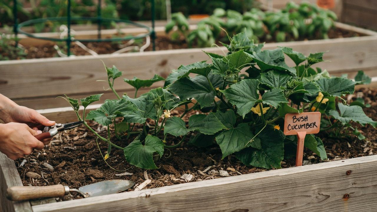 Light pruning of a bush cucumber plant.