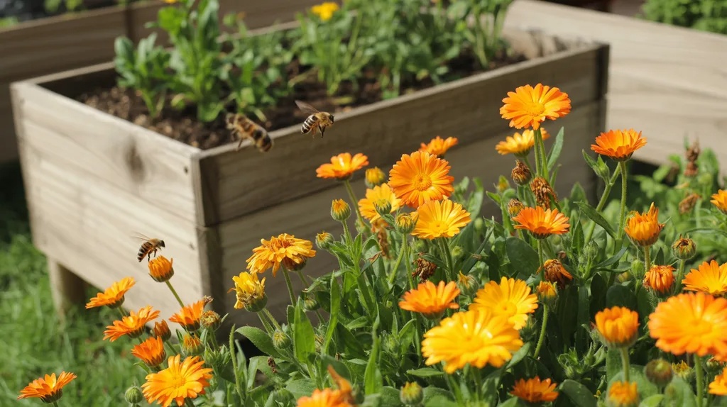 Calendula growing throughout a strawberry raised bed attracting beneficial insects and repelling pests.