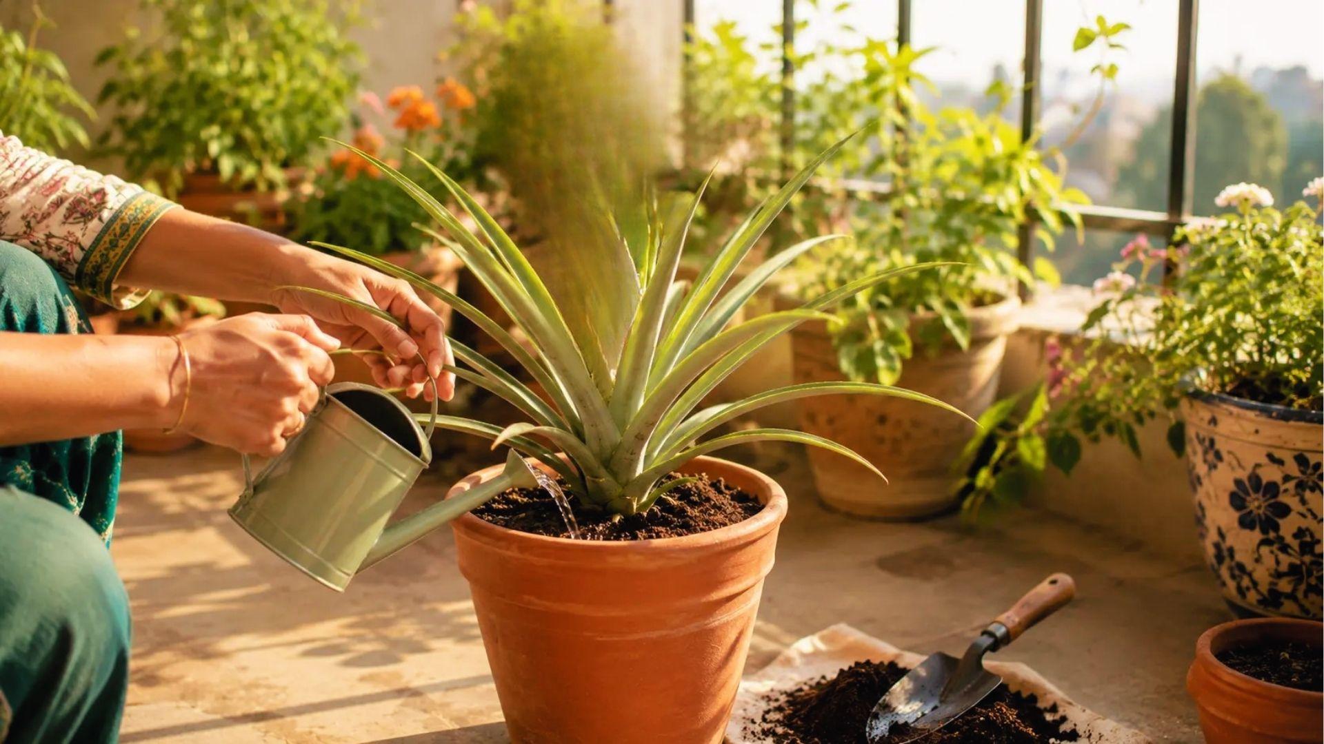 Woman gently waters pineapple top growing in terracotta pot, balcony garden with city view
