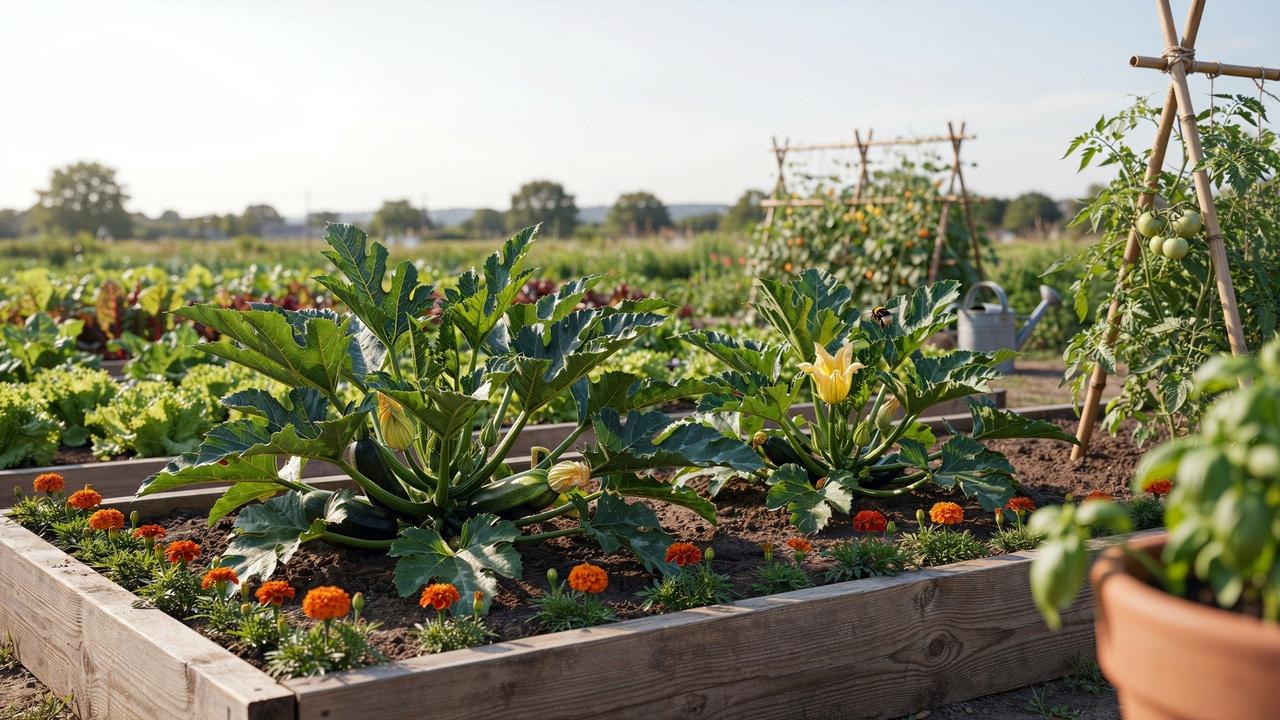 Well-pruned zucchini plant with healthy leaves and visible fruit.