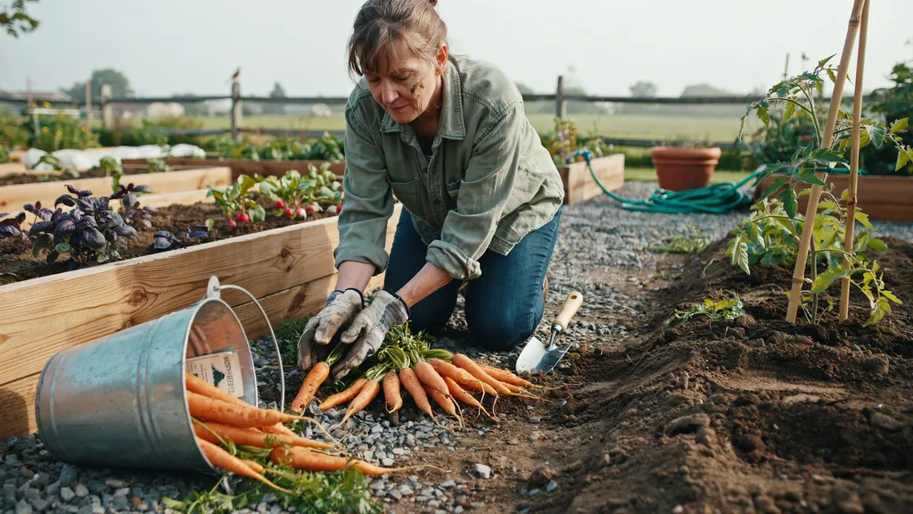 Harvesting mature carrots from garden soil