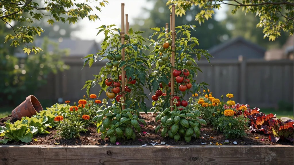 Tomato plants growing alongside basil and marigolds in a healthy companion planting garden.
