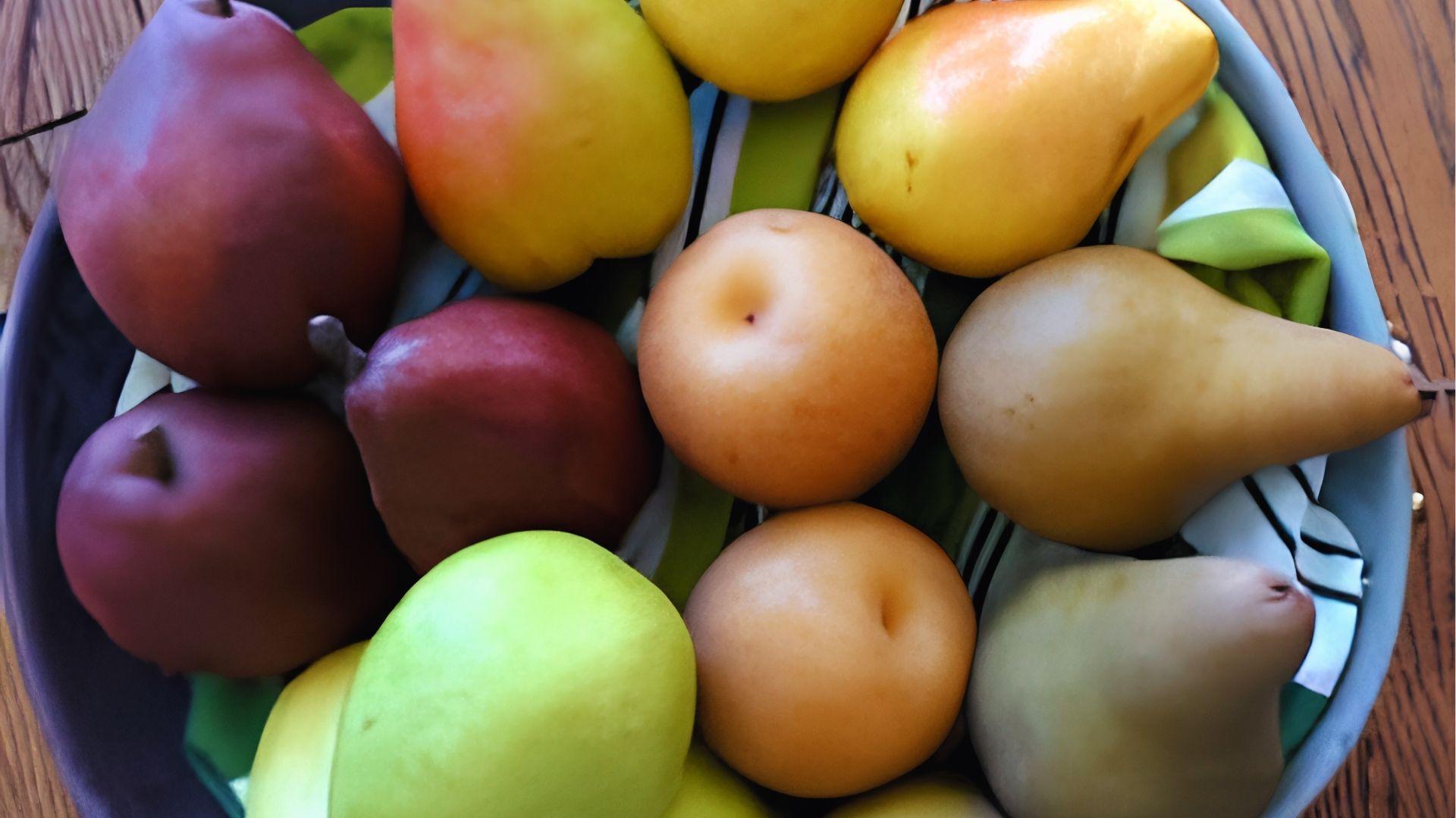 Bowl of mixed red and yellow pears. Check pear varieties for color change but test firmness to harvest.