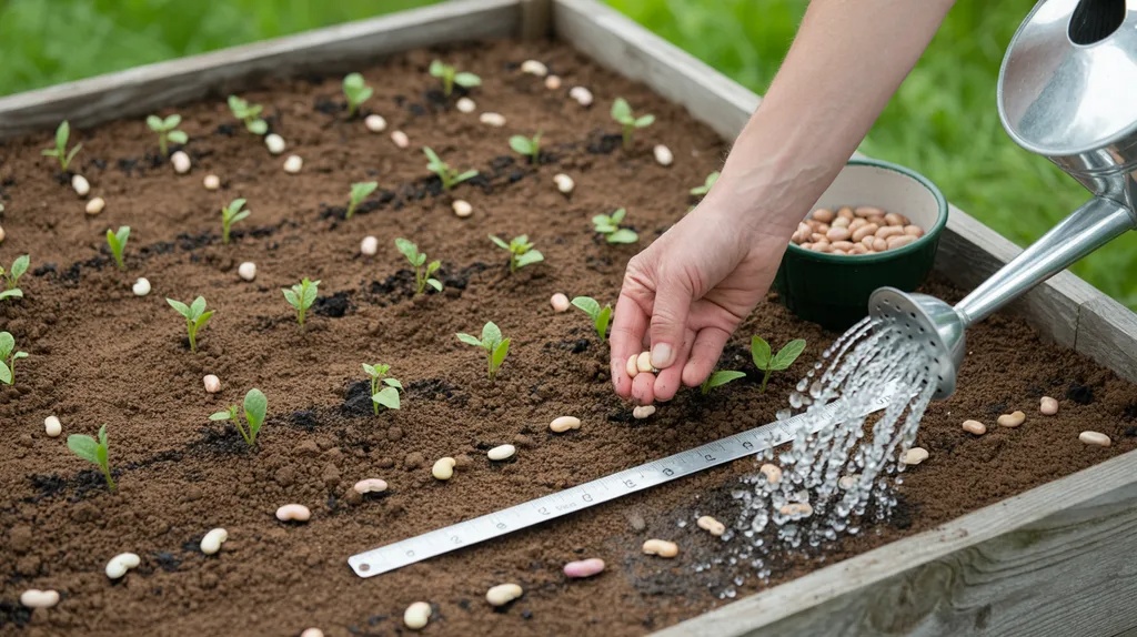 Sowing bush bean seeds directly into garden soil
