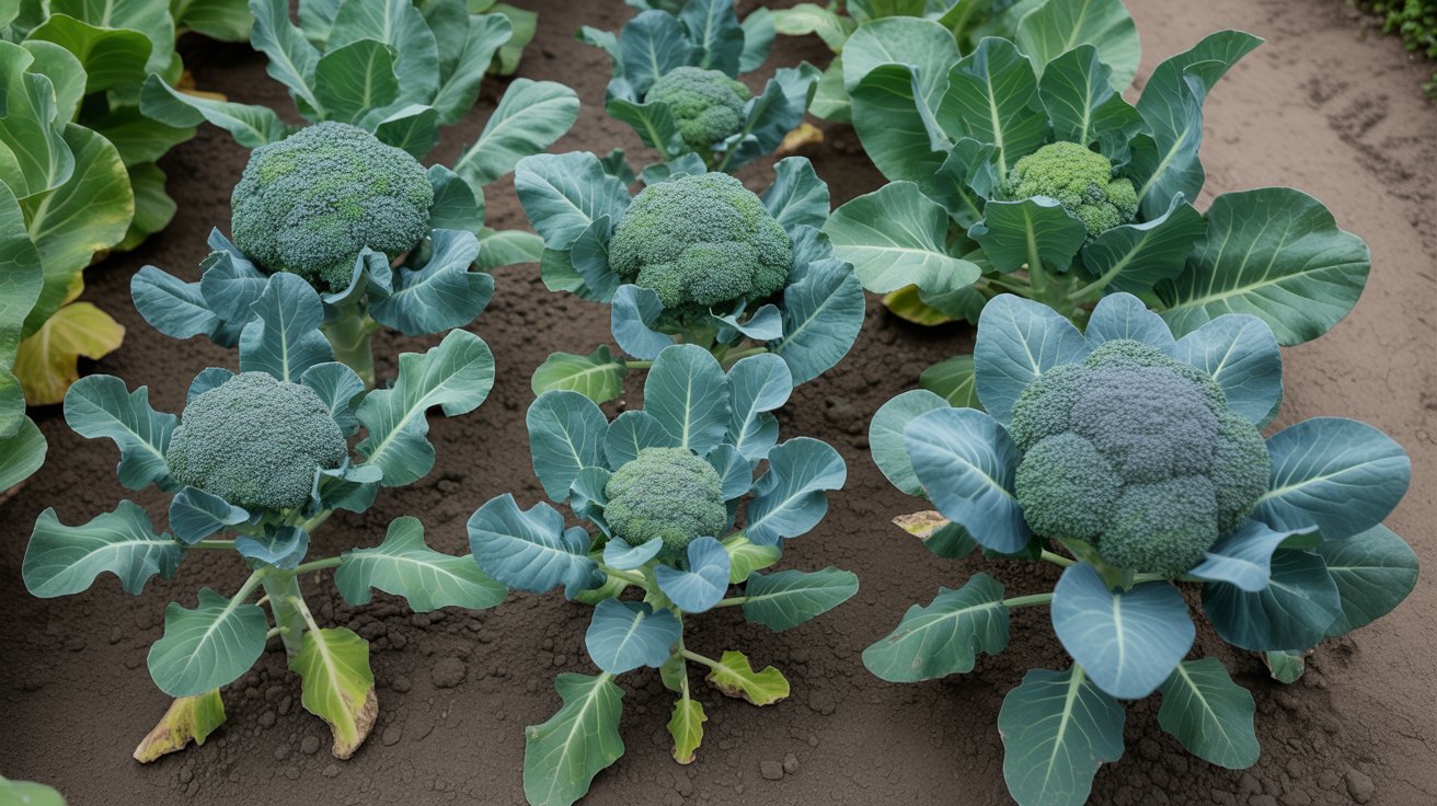 Different broccoli varieties growing in a vegetable garden.