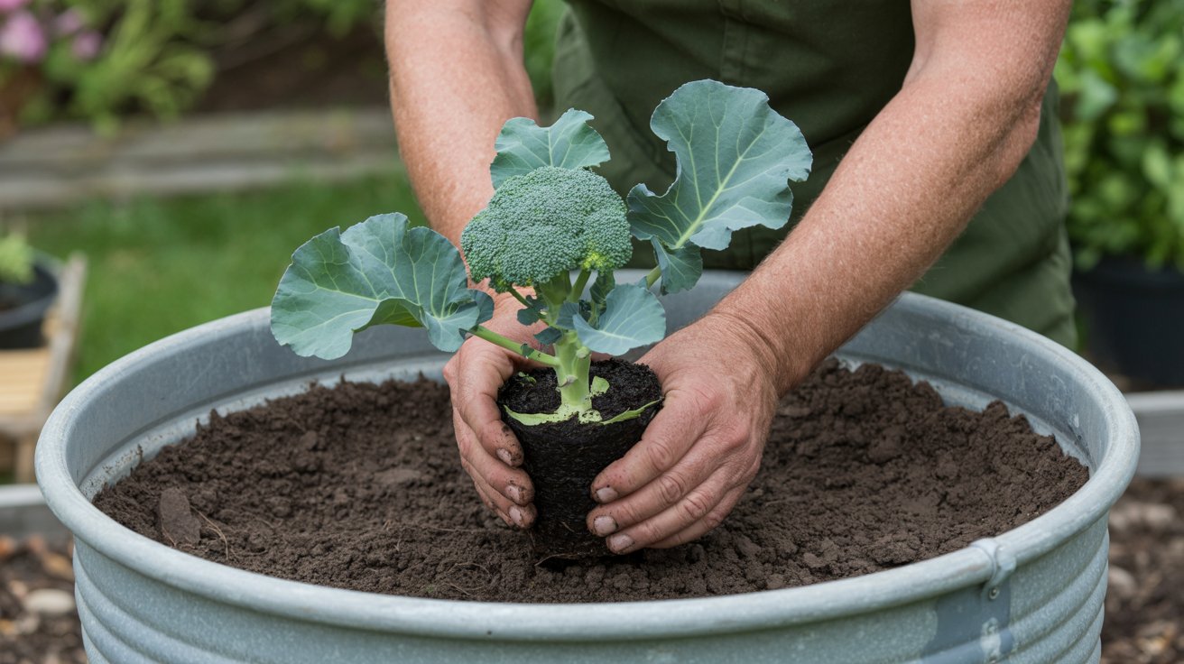 Broccoli seedling being transplanted into a large outdoor container.