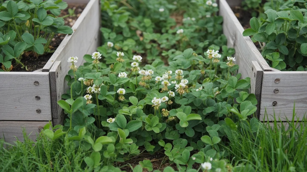 White clover growing between strawberry plants in a raised bed acting as living mulch and improving soil.
