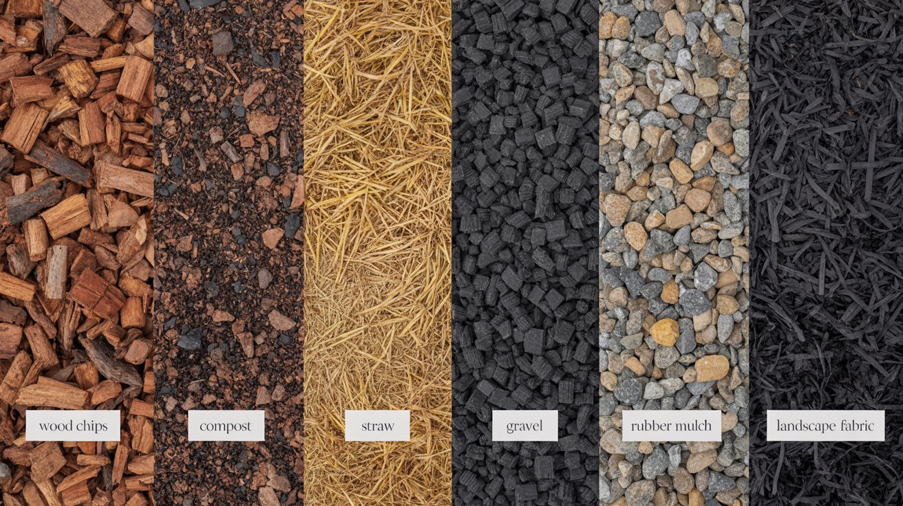 Organic and inorganic mulch materials displayed side by side for comparison.