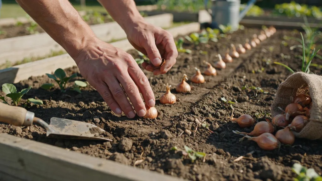 Planting onion sets with correct spacing in prepared soil.