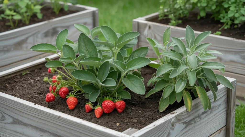 Sage growing in a raised bed garden near strawberries helping repel slugs and beetles naturally.