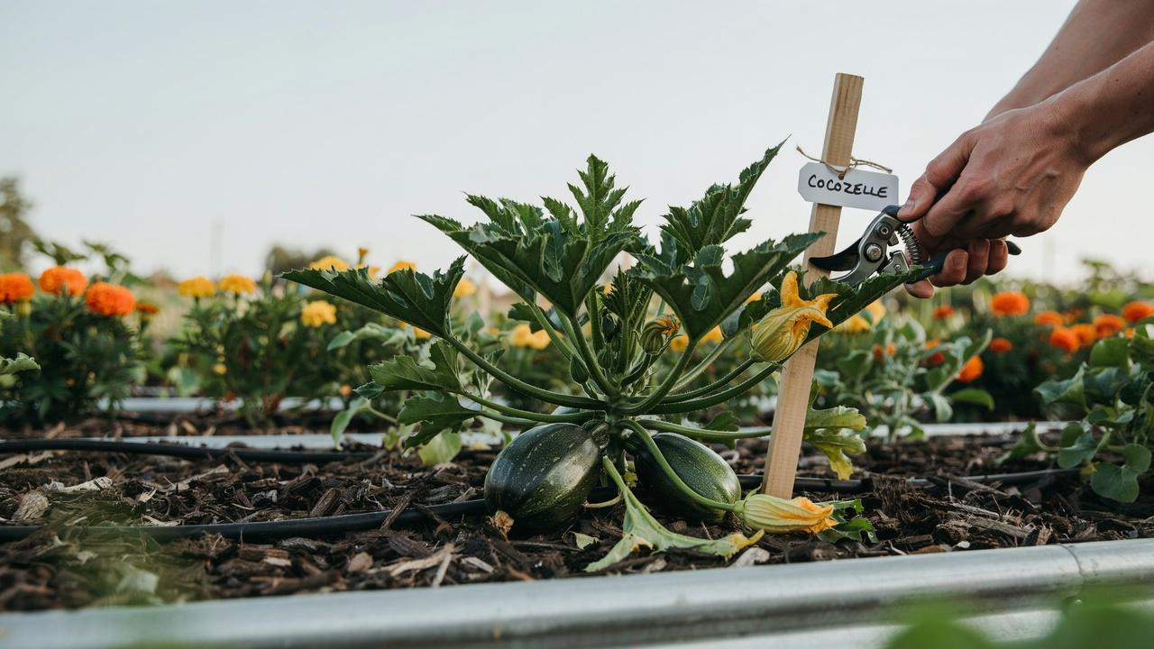Light pruning of a compact bush zucchini plant.