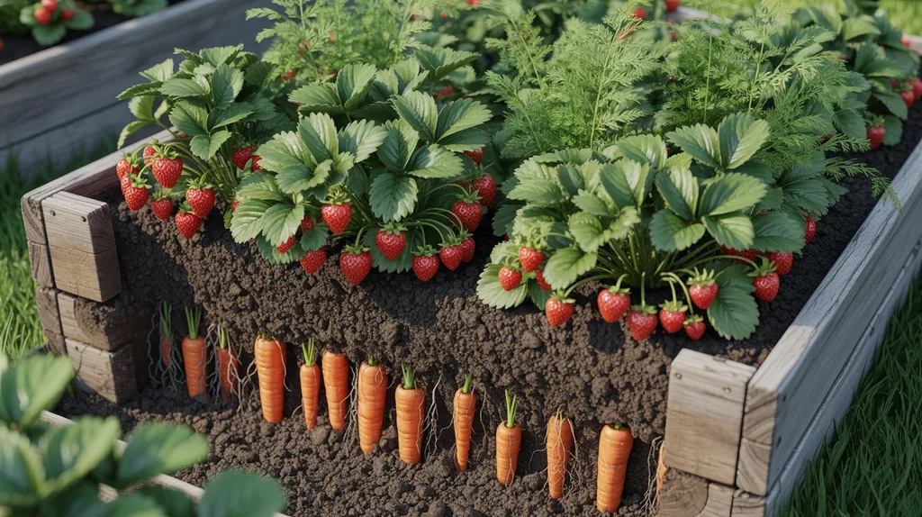Carrots growing between strawberry plants in a raised bed helping loosen soil for better water flow.
