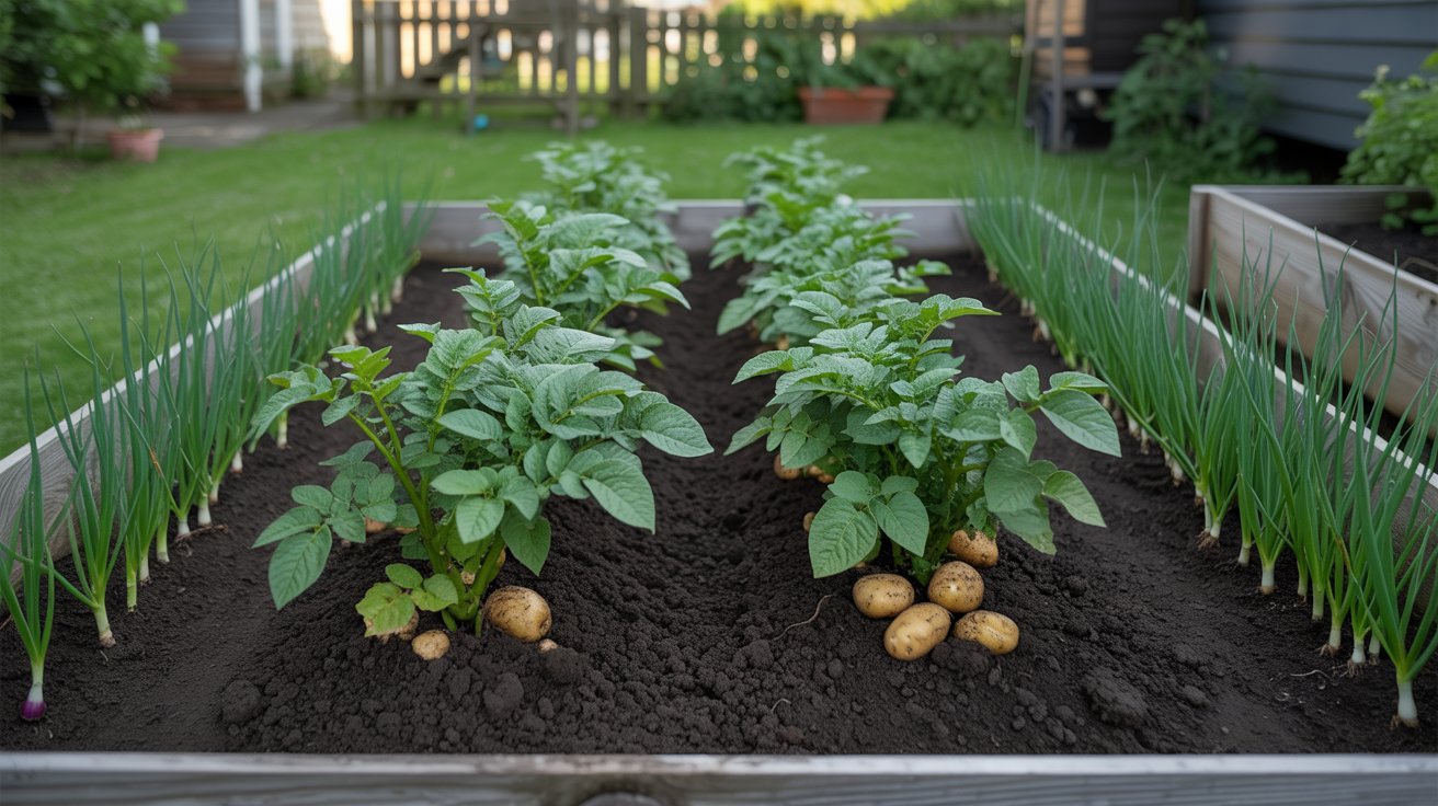 Raised bed arrangement with potatoes in the center and onions around the edges.