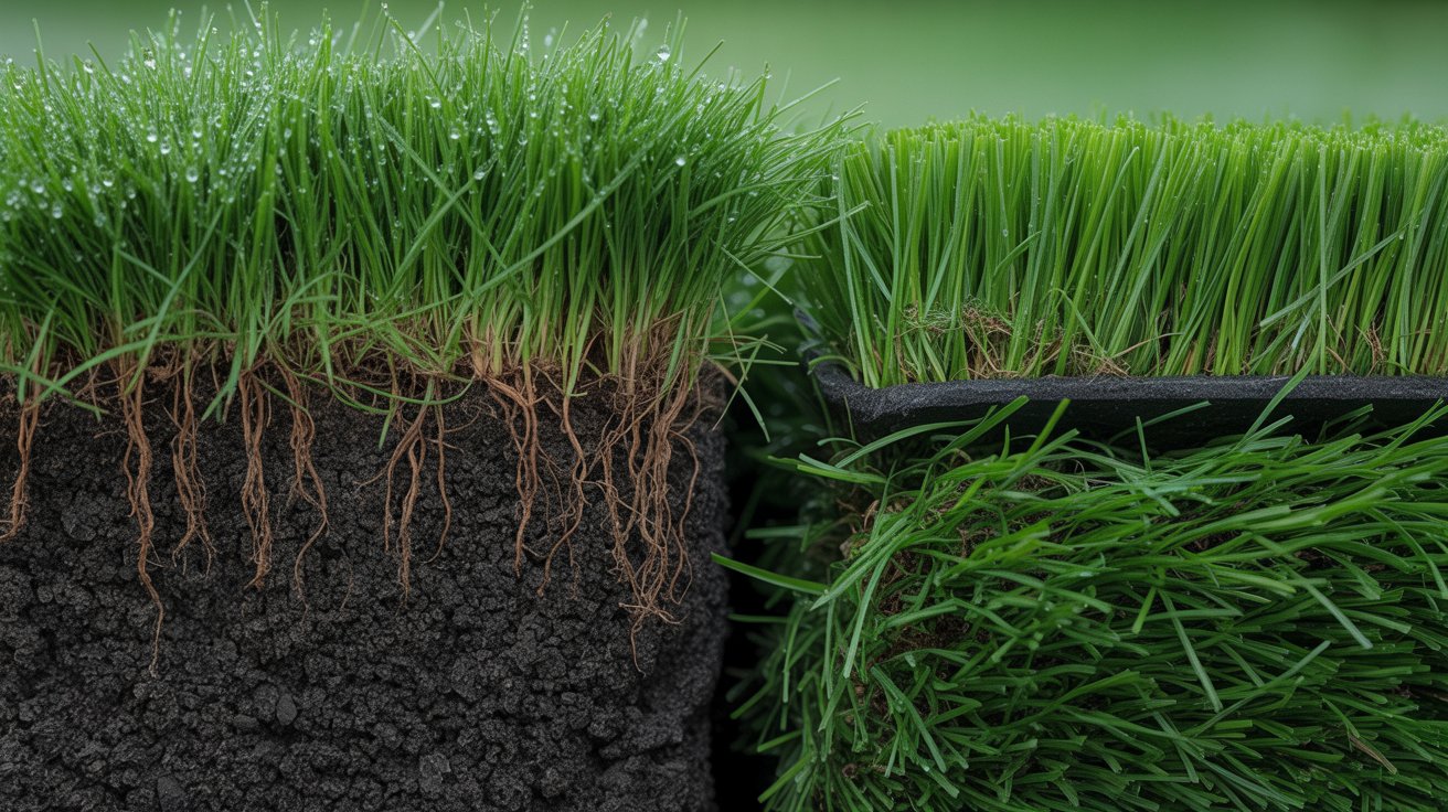 Close-up comparison between real sod grass and artificial turf fibers.