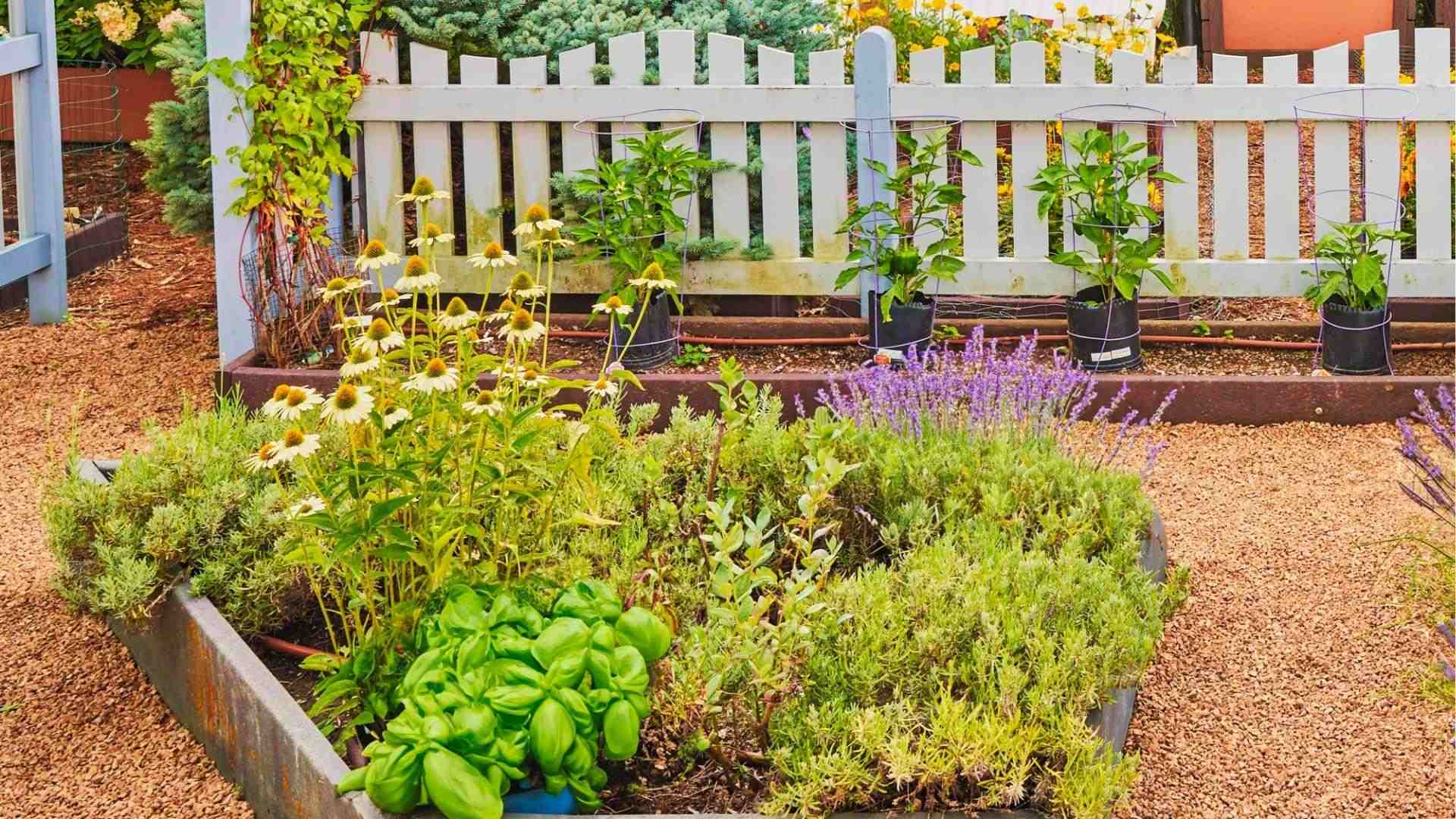 Raised herb bed with basil, lavender, coneflowers in front of caged peppers by white picket fence.